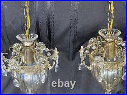 Vtg Pair Hanging Pendant Lamps Chandelier Ceiling Lights With 6 Glass Prisims