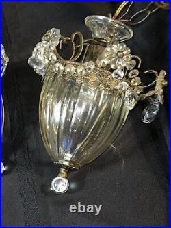 Vtg Pair Hanging Pendant Lamps Chandelier Ceiling Lights With 6 Glass Prisims
