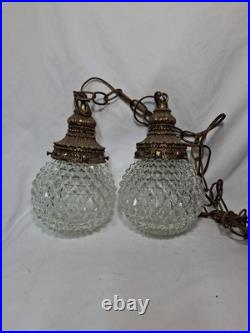 Vtg Pair MCM Mid Century Globe Pendant Swag Lamp Clear Diamond Texture Hanging