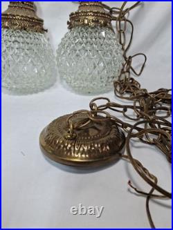 Vtg Pair MCM Mid Century Globe Pendant Swag Lamp Clear Diamond Texture Hanging