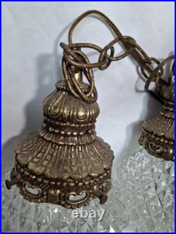 Vtg Pair MCM Mid Century Globe Pendant Swag Lamp Clear Diamond Texture Hanging