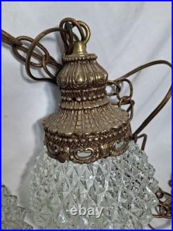 Vtg Pair MCM Mid Century Globe Pendant Swag Lamp Clear Diamond Texture Hanging