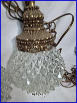 Vtg Pair MCM Mid Century Globe Pendant Swag Lamp Clear Diamond Texture Hanging