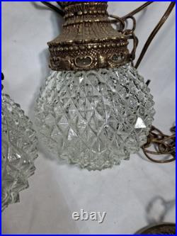 Vtg Pair MCM Mid Century Globe Pendant Swag Lamp Clear Diamond Texture Hanging