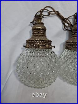 Vtg Pair MCM Mid Century Globe Pendant Swag Lamp Clear Diamond Texture Hanging
