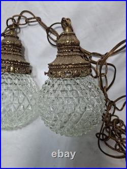 Vtg Pair MCM Mid Century Globe Pendant Swag Lamp Clear Diamond Texture Hanging