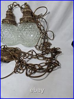 Vtg Pair MCM Mid Century Globe Pendant Swag Lamp Clear Diamond Texture Hanging