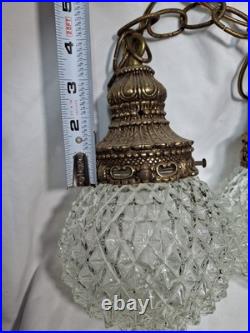 Vtg Pair MCM Mid Century Globe Pendant Swag Lamp Clear Diamond Texture Hanging