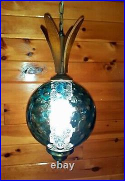 Vtg RARE Retro Blue Coinspot Glass Pineapple Swag Light Fixture