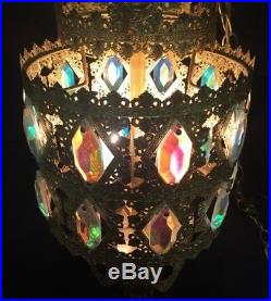Vtg Regency Loevsky Swag Light Aurora Borealis Prism Gold Ormolu Hanging Lamp