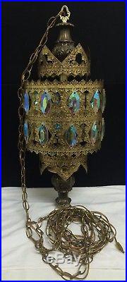 Vtg Regency Loevsky Swag Light Aurora Borealis Prism Gold Ormolu Hanging Lamp
