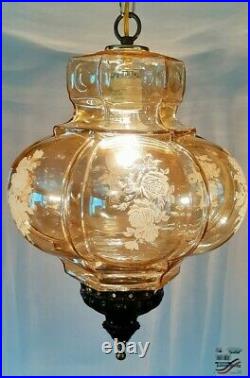 Vtg Retro Iridescent Clear Amber Glass Hanging Swag Light Fixture 2 Available