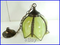 Vtg Retro Stained Slag Glass Hanging Swag Lamp Light Fixture Olive Green Tulip
