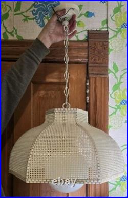 Vtg Retro Wicker Rattan Pendant Light Fixture Boho Mid Century Hanging Lamp