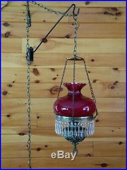 Vtg Ruby Red Crystal Hurricane GWTW Chandelier Hanging Swag Light Lamp