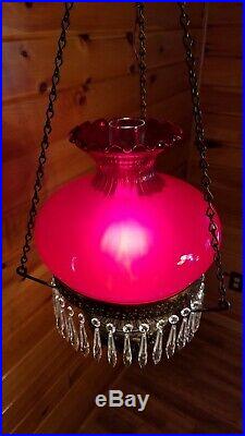 Vtg Ruby Red Crystal Hurricane GWTW Chandelier Hanging Swag Light Lamp