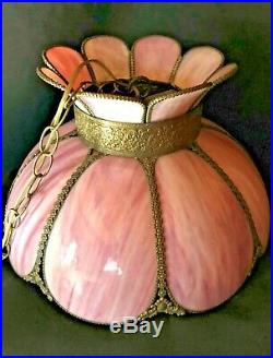 Vtg STAINED SLAG GLASS HANGING Lamp Tiffany Style Chandelier-Plugin Pink/Lavenda