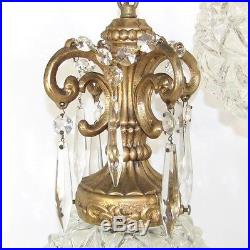 Vtg SWAG CRYSTAL CHANDELIER Triple Hanging Lamp Antique Gold Hollywood Regency
