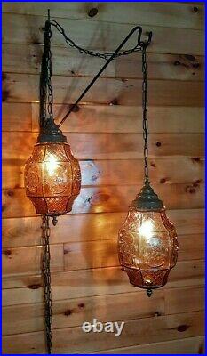Vtg Set of 2 MCM Bavarian Retro Amber Rootbeer Glass Hanging Swag Light/Lamps
