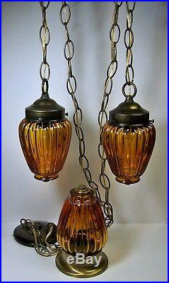 Vtg Set of 3 Double Swag Hanging Ceiling Lamp Amber Light Fixture Entry Porch