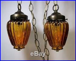 Vtg Set of 3 Double Swag Hanging Ceiling Lamp Amber Light Fixture Entry Porch
