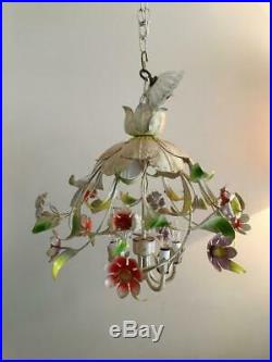 Vtg Shabby Rusty Chic Italian Metal Tole Cage Umbrella Flowers Chandelier Lamp