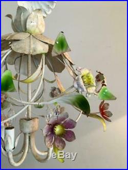 Vtg Shabby Rusty Chic Italian Metal Tole Cage Umbrella Flowers Chandelier Lamp
