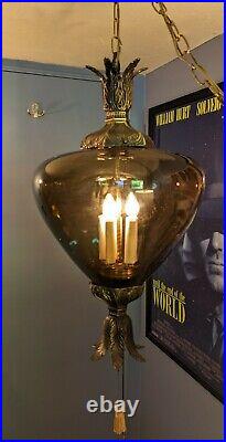 Vtg Smoke Glass Mid Century Swag Lamp Hanging Light 60s Hollywood Mod Large