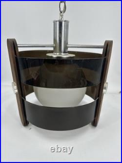 Vtg Space Age Swag Lamp Smoked Acrylic Wood MCM Orb Pendant Light Plug In 1970s