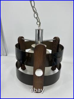 Vtg Space Age Swag Lamp Smoked Acrylic Wood MCM Orb Pendant Light Plug In 1970s