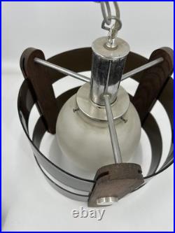 Vtg Space Age Swag Lamp Smoked Acrylic Wood MCM Orb Pendant Light Plug In 1970s