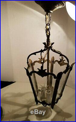 Vtg Spanish Bronze & Etched Glass Petite Lantern Chandelier Hanging Lamp