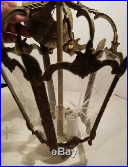 Vtg Spanish Bronze & Etched Glass Petite Lantern Chandelier Hanging Lamp