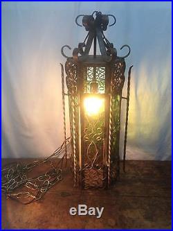Vtg Spanish Gothic Metal Hanging Foyer Light Swag Lamp Garden Art Chandelier