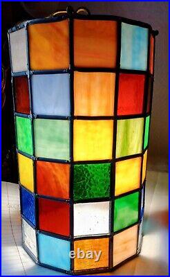 Vtg. Stained Glass Pane Swag Hanging Mosaic Tower Lamp With Chain