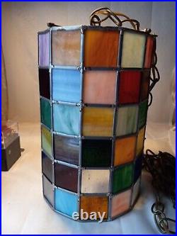 Vtg. Stained Glass Pane Swag Hanging Mosaic Tower Lamp With Chain