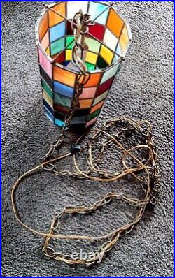 Vtg. Stained Glass Pane Swag Hanging Mosaic Tower Lamp With Chain