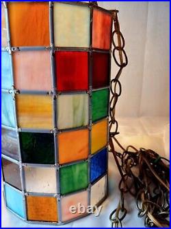 Vtg. Stained Glass Pane Swag Hanging Mosaic Tower Lamp With Chain