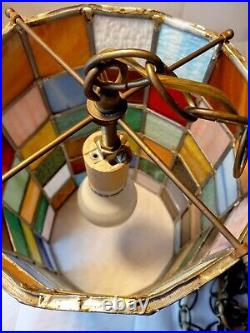 Vtg. Stained Glass Pane Swag Hanging Mosaic Tower Lamp With Chain