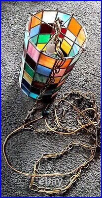 Vtg. Stained Glass Pane Swag Hanging Mosaic Tower Lamp With Chain