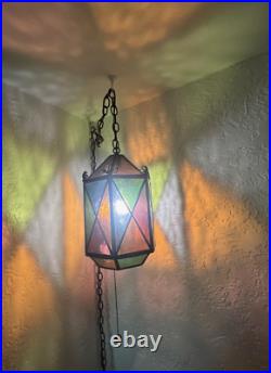 Vtg Swag Hanging Chained Lamp Stained Glass Gothic Spanish Medieval Lamp Light