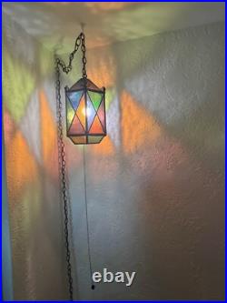 Vtg Swag Hanging Chained Lamp Stained Glass Gothic Spanish Medieval Lamp Light