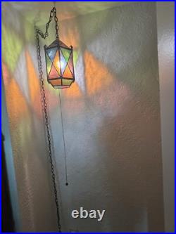 Vtg Swag Hanging Chained Lamp Stained Glass Gothic Spanish Medieval Lamp Light