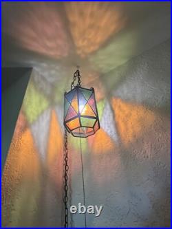 Vtg Swag Hanging Chained Lamp Stained Glass Gothic Spanish Medieval Lamp Light
