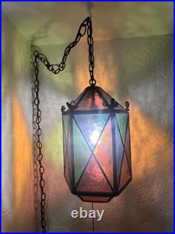 Vtg Swag Hanging Chained Lamp Stained Glass Gothic Spanish Medieval Lamp Light