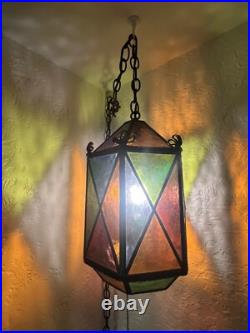 Vtg Swag Hanging Chained Lamp Stained Glass Gothic Spanish Medieval Lamp Light