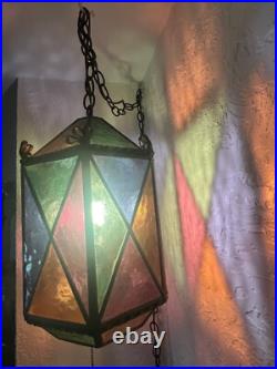 Vtg Swag Hanging Chained Lamp Stained Glass Gothic Spanish Medieval Lamp Light