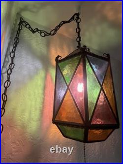 Vtg Swag Hanging Chained Lamp Stained Glass Gothic Spanish Medieval Lamp Light