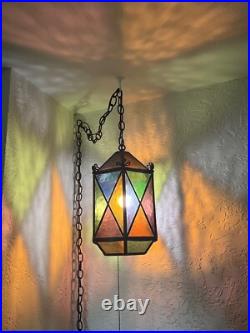Vtg Swag Hanging Chained Lamp Stained Glass Gothic Spanish Medieval Lamp Light
