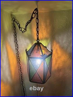 Vtg Swag Hanging Chained Lamp Stained Glass Gothic Spanish Medieval Lamp Light